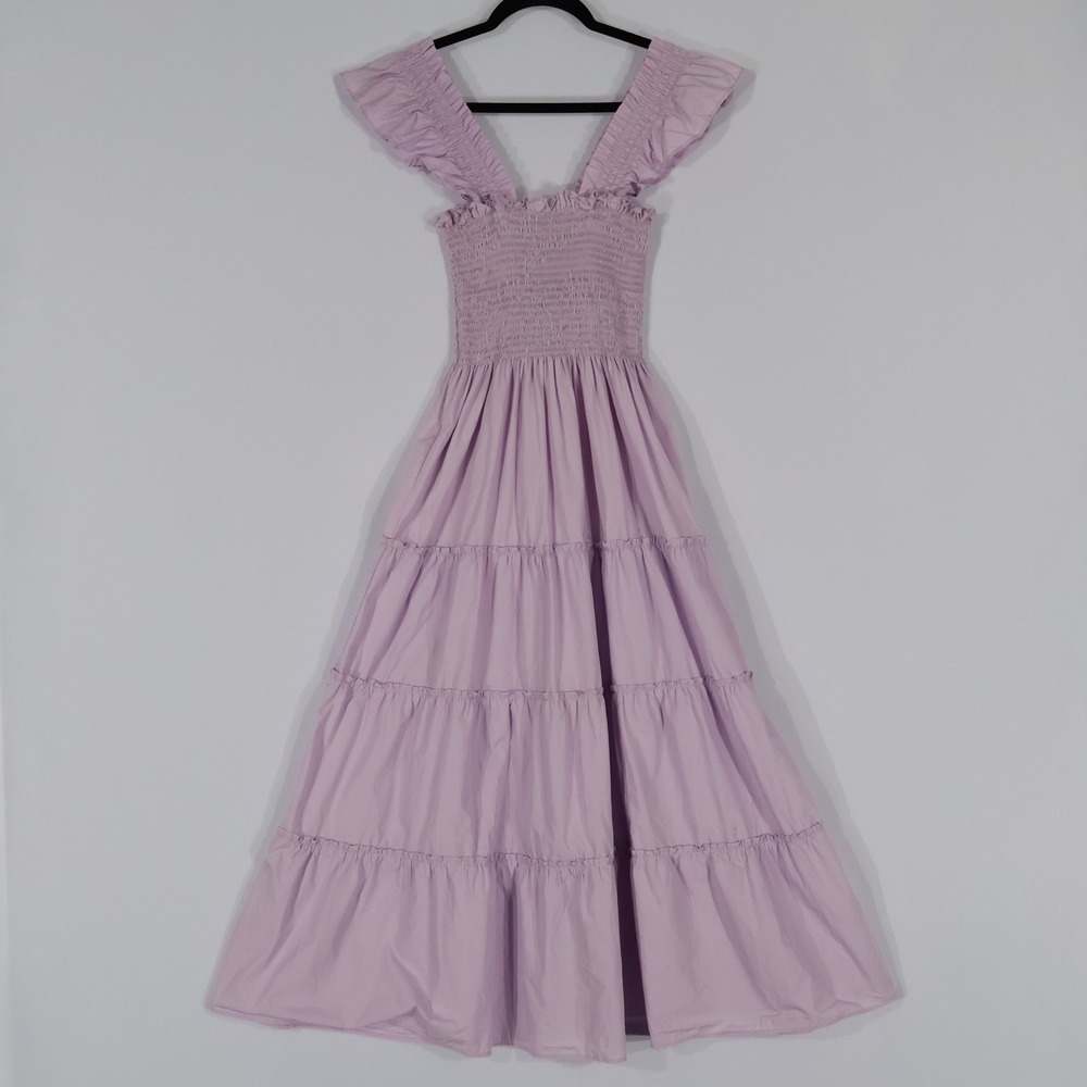 Quince Tiered Midi Dress Womens Small Purple Smocked Ruffle Cotton Cottagecore